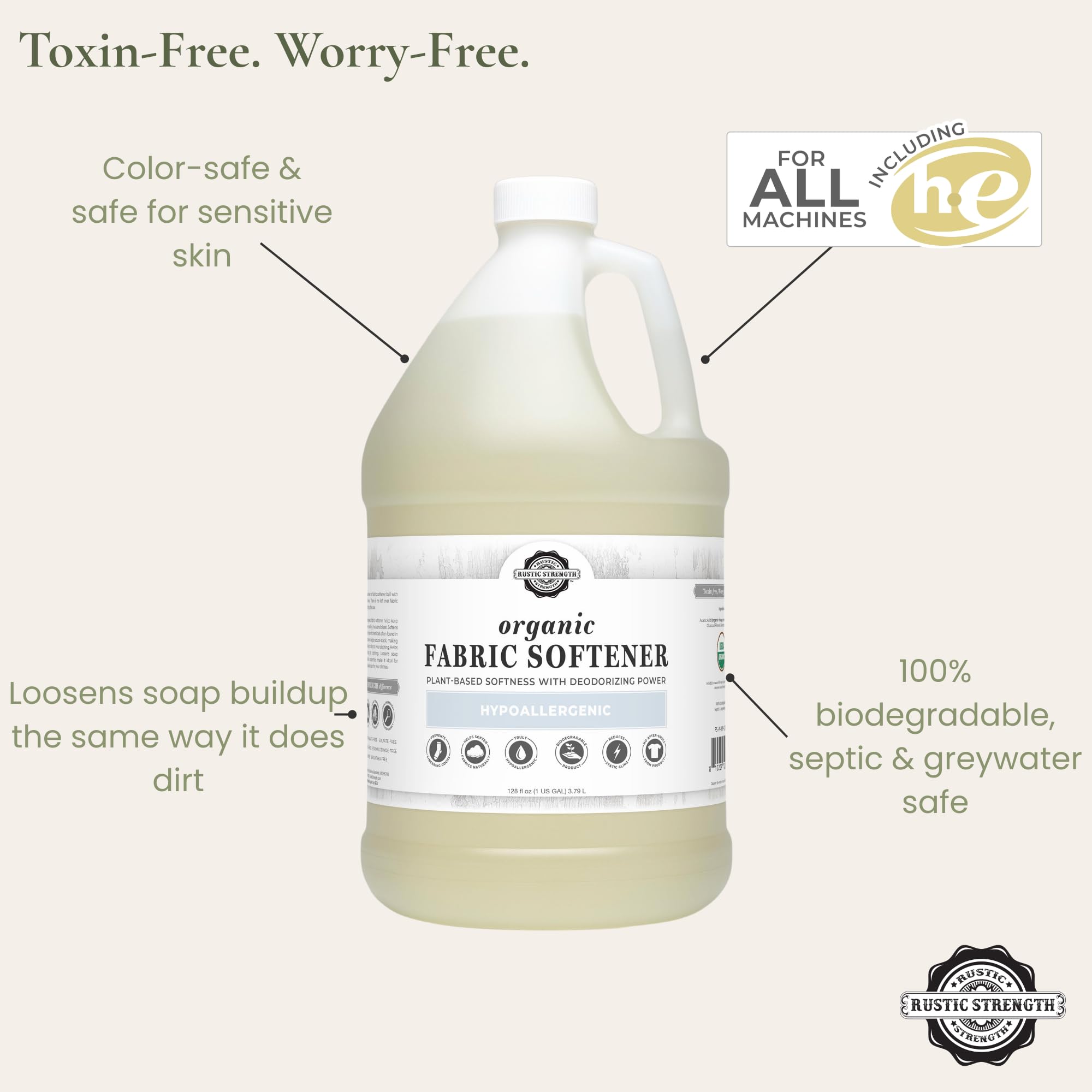 Rustic Strength Unscented Fabric Softener, Plant Based, Gallon Plastic